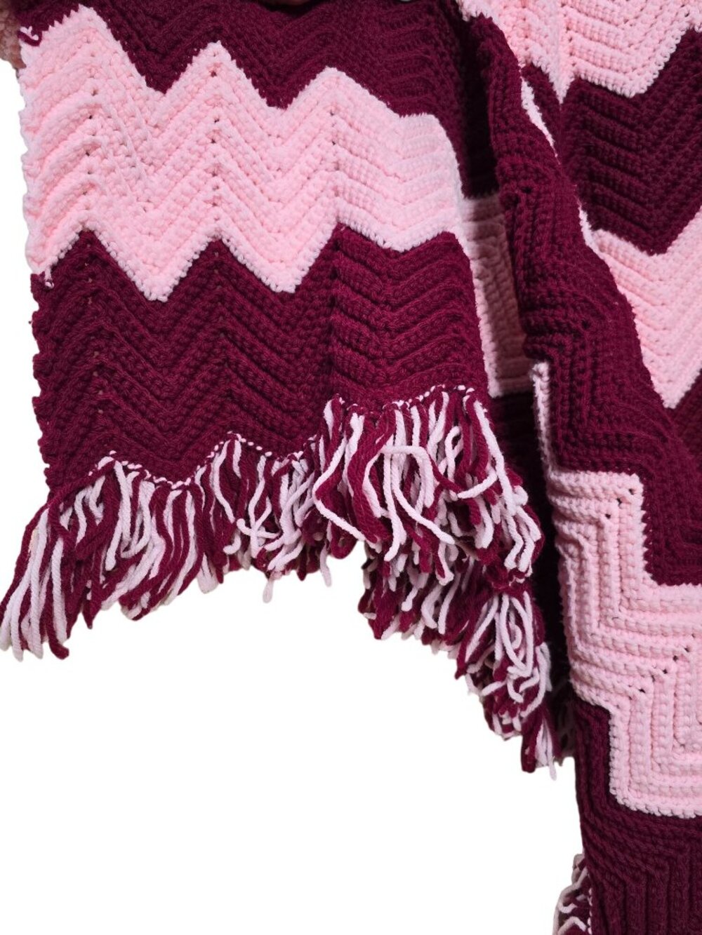 Vintage Handmade Chevron Afghan Blanket Pink Burgundy Fringed Knitted 72" x 50" - Picture 3 of 8